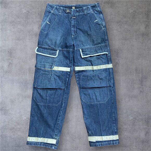 Marithe Francois Girbaud Vtg Y2K Denim Blue Gray Strap Jeans Men's Size 36 x 32 - Picture 1 of 9